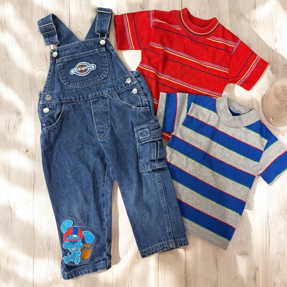 Vintage Blue's Clues Y2K Embroidered Denim Jean Overalls 2T‎ & Shirts 2000